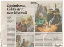 News paper articles about the Metis-Wabanaki tour organized by Nuortenmaa (Young People's Planet) in Finland's schools.