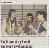 News paper articles about the Metis-Wabanaki tour organized by Nuortenmaa (Young People's Planet) in Finland's schools.