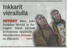 News paper articles about the Metis-Wabanaki tour organized by Nuortenmaa (Young People's Planet) in Finland's schools.